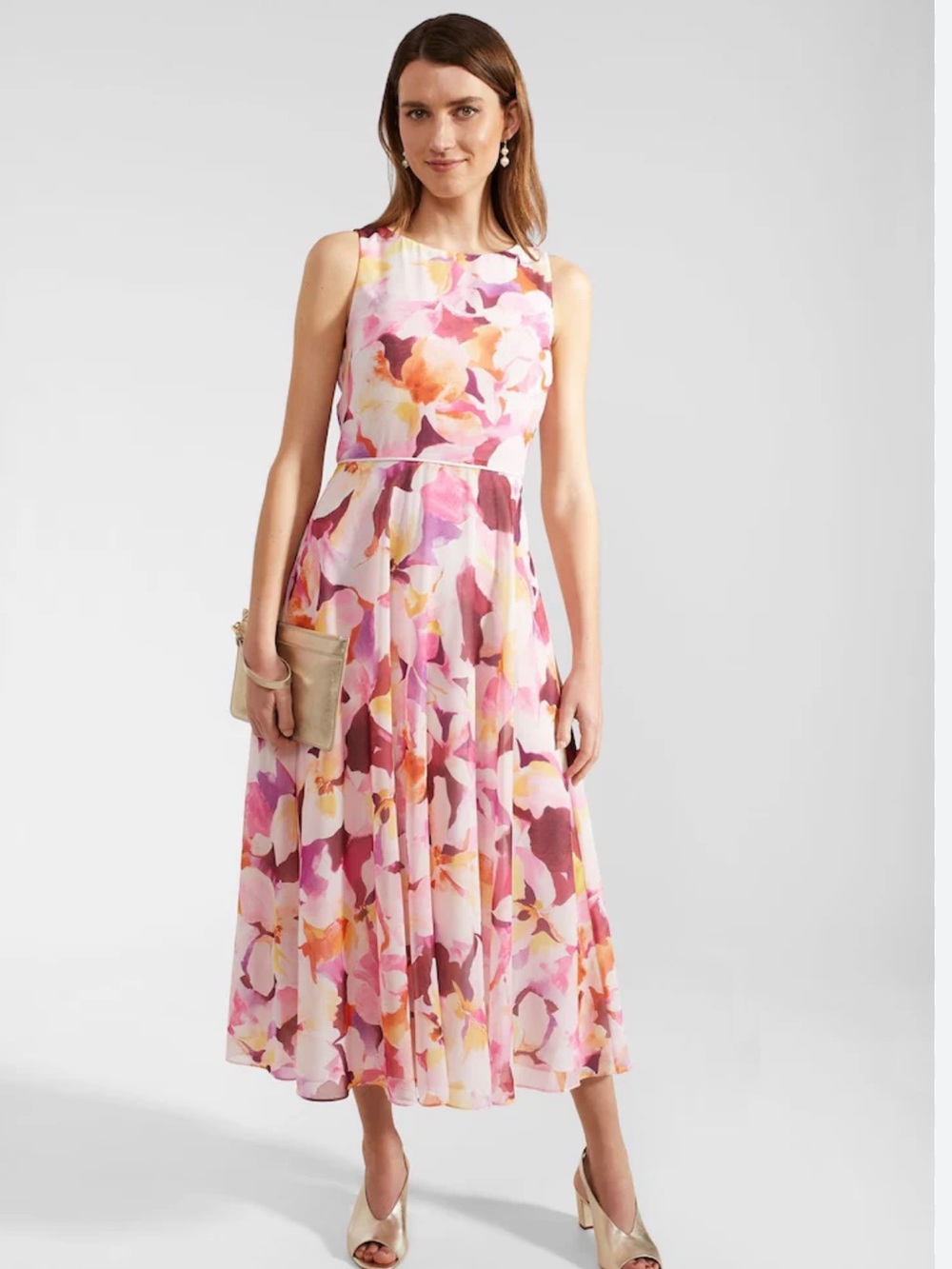 Hobbs London Carly Sleeveless Floral Midi Dress in Pink Watercolor Print